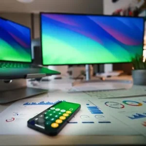 Desk setup with colorful monitor displays and design sketches