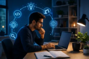 A web developer working on a laptop while surrounded by glowing icons representing AI, coding, innovation, and technology.