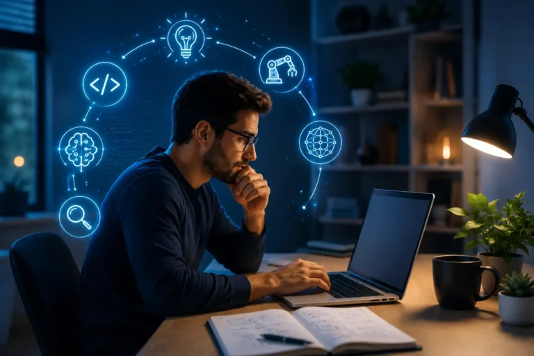 A web developer working on a laptop while surrounded by glowing icons representing AI, coding, innovation, and technology.